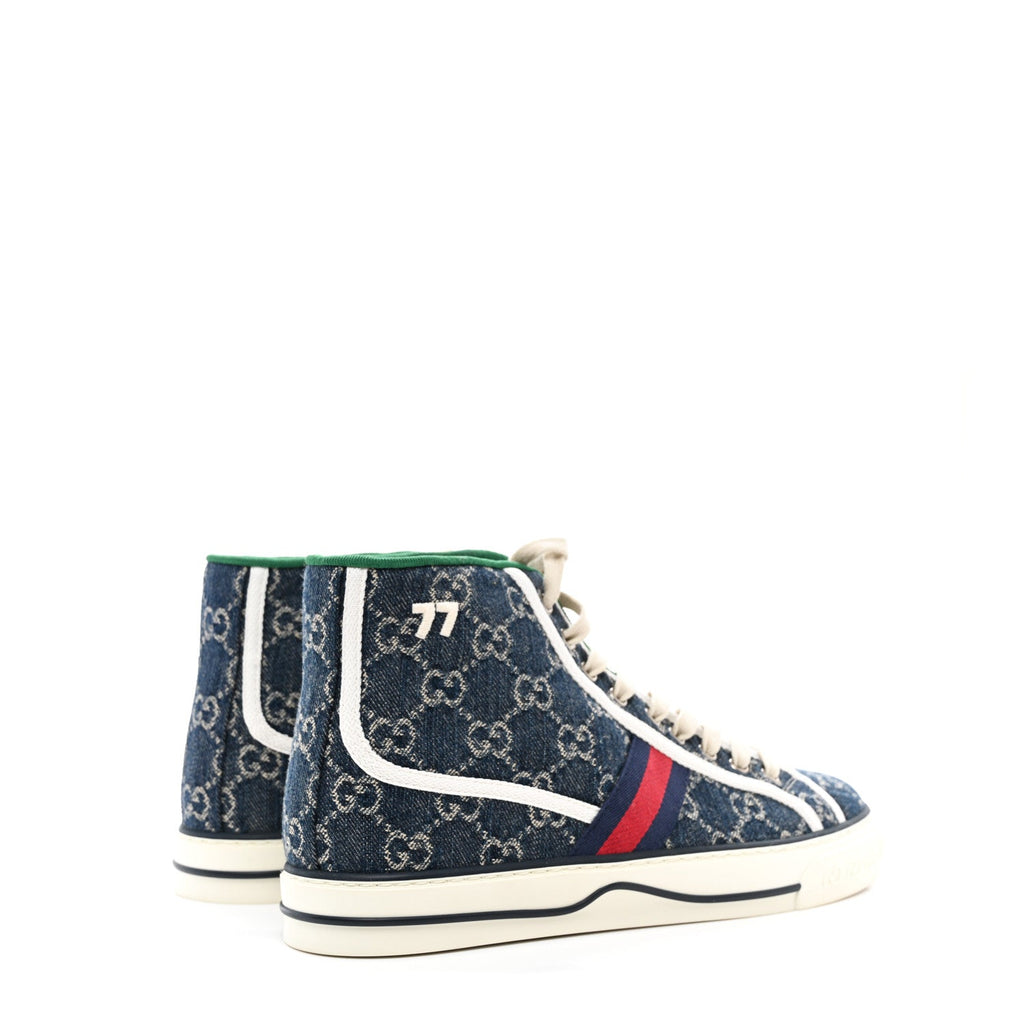 New Denim GG Monogram Web Mens 1977 Tennis High Top Sneakers 7.5 Blue Tea Mystic White