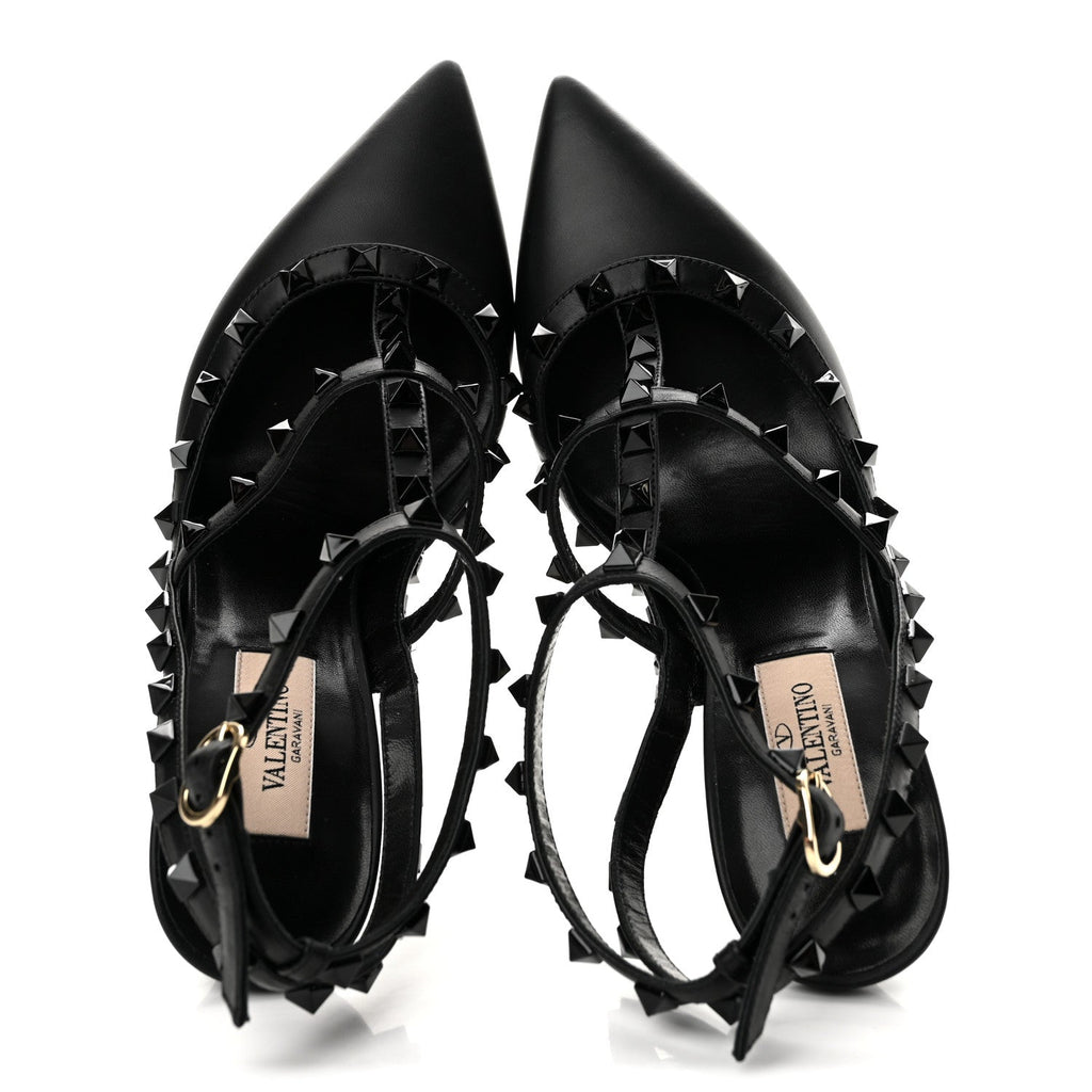 Calfskin Lacquered Monochrome Rockstud Ankle Strap 100mm Pumps 38.5 Black