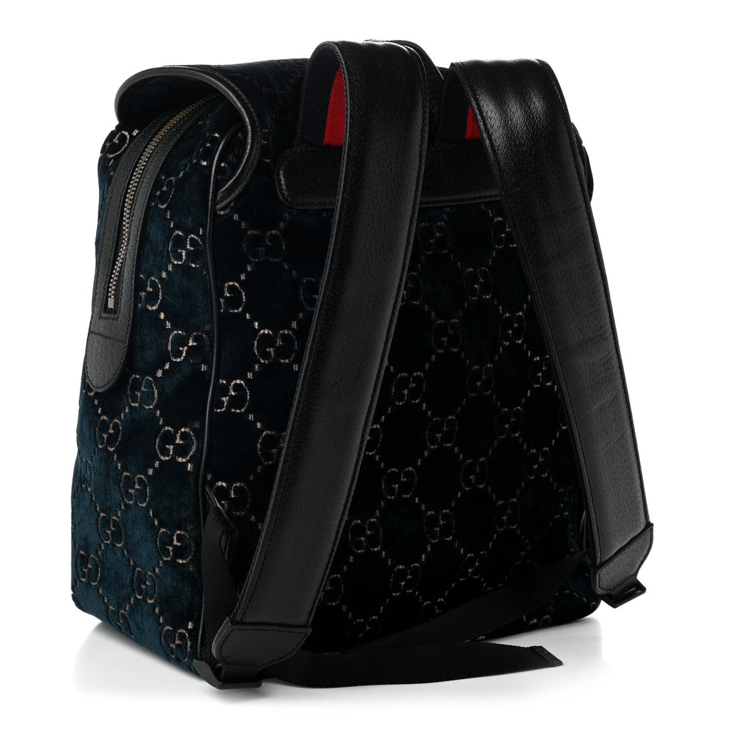 Velvet GG Monogram Textured Calfskin Web Small Double Buckle Backpack Blue Beige Black