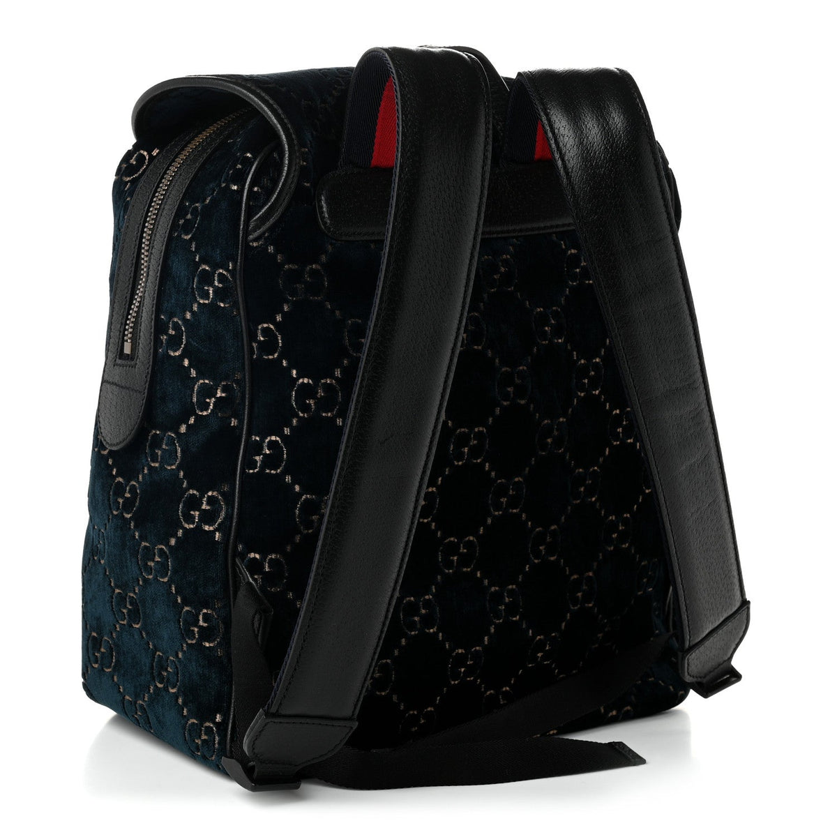 Velvet GG Monogram Textured Calfskin Web Small Double Buckle Backpack Blue Beige Black