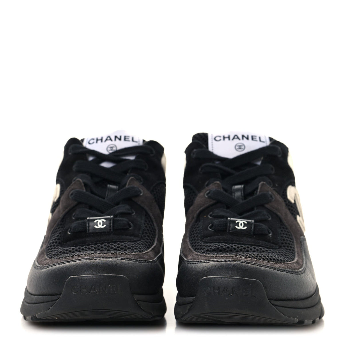 Mesh Suede Grained Calfskin Womens CC Sneakers 37.5 Black White