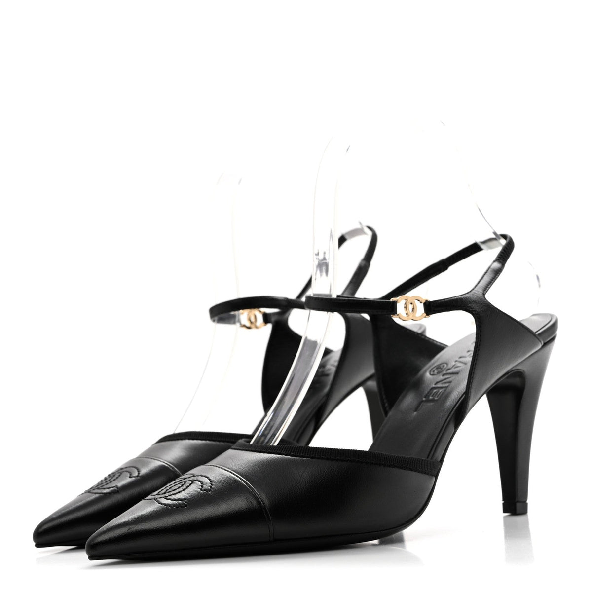 Lambskin Pointed Cap Toe CC Slingback Pumps 38 Black