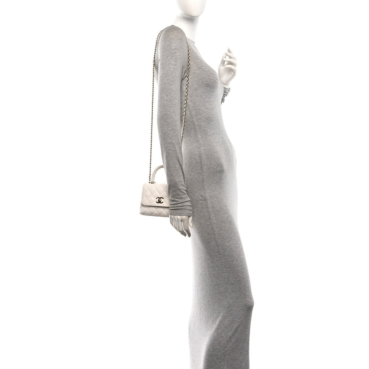 Caviar Quilted Coco Handle Clutch With Chain White