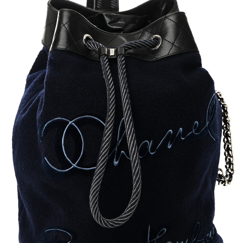 Wool Calfskin Embroidered Paris Hamburg Drawstring Backpack Navy Blue