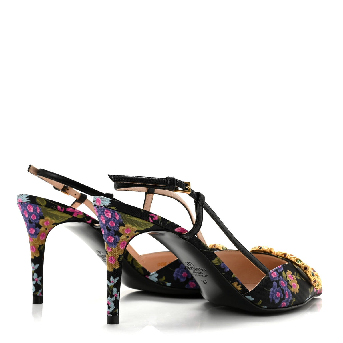 Satin Moire Floral Vlogo Loco Slingback 80mm Pumps 37 Black Multicolor