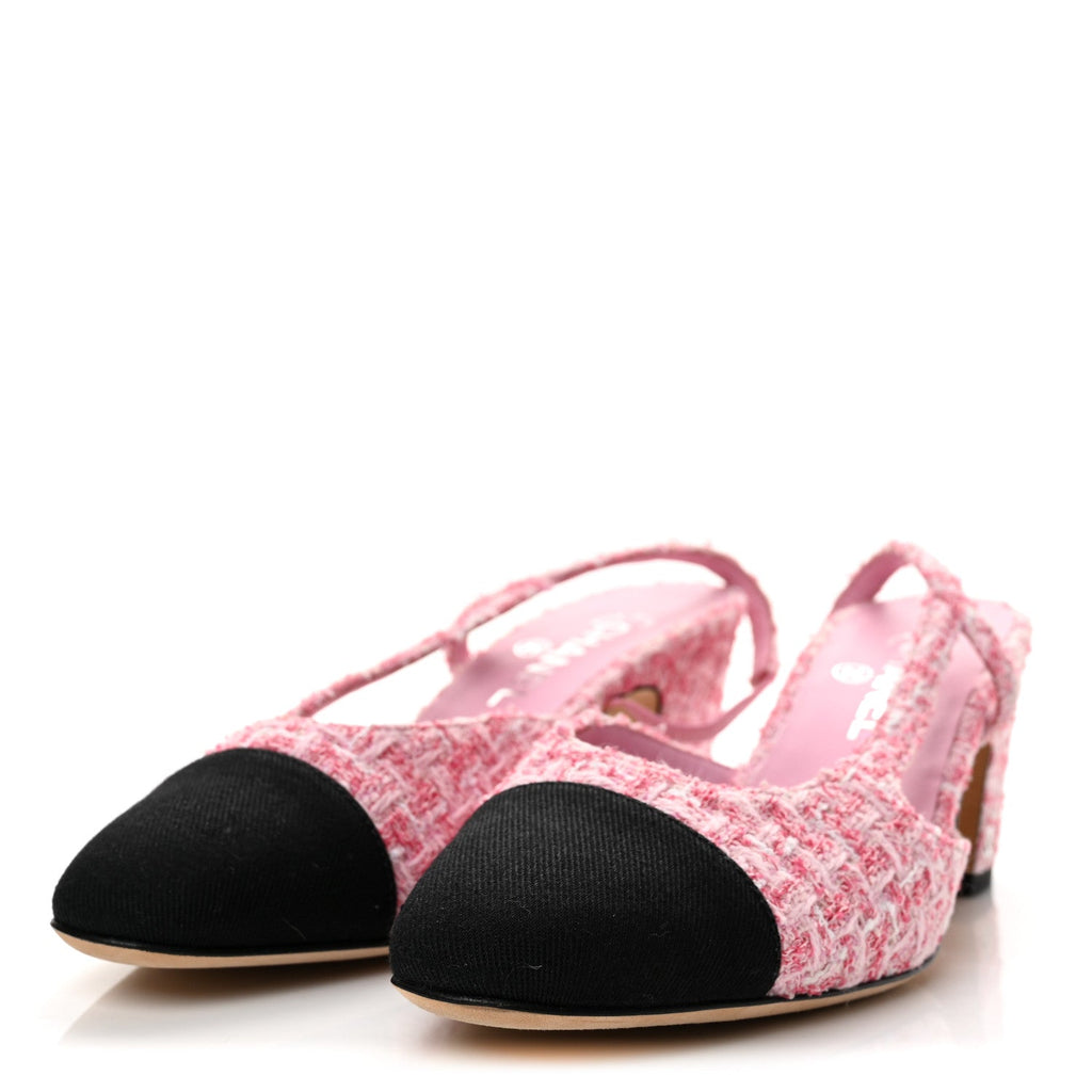 Tweed Grosgrain Cap Toe CC Slingback Pumps 40 Pink Black