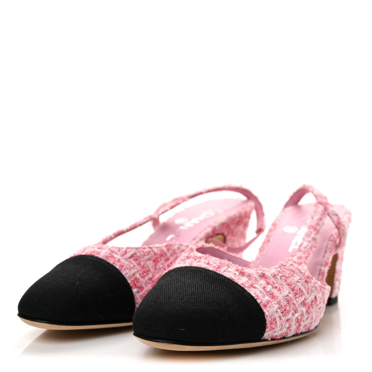 Tweed Grosgrain Cap Toe CC Slingback Pumps 40 Pink Black
