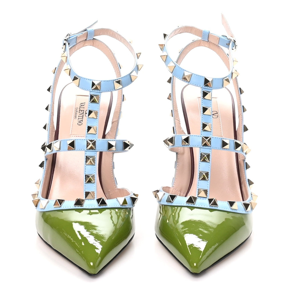 Patent Nappa Rockstud Ankle Strap 100mm Pumps 39 Chartreuse Multicolor