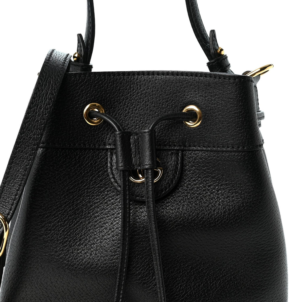 Glazed Textured Calfskin Web Small Ophidia Bucket Bag Black