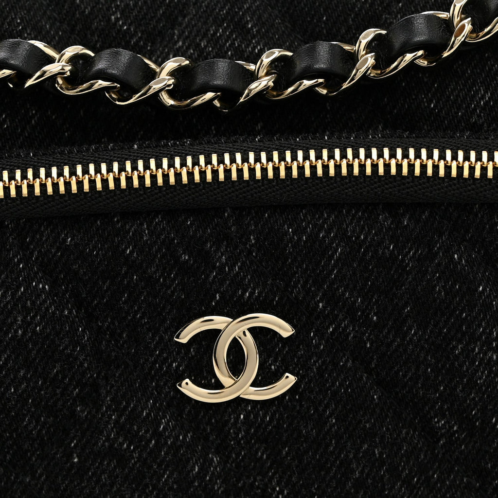 Denim Quilted Small Preppy Pocket Clutch With Chain  Black