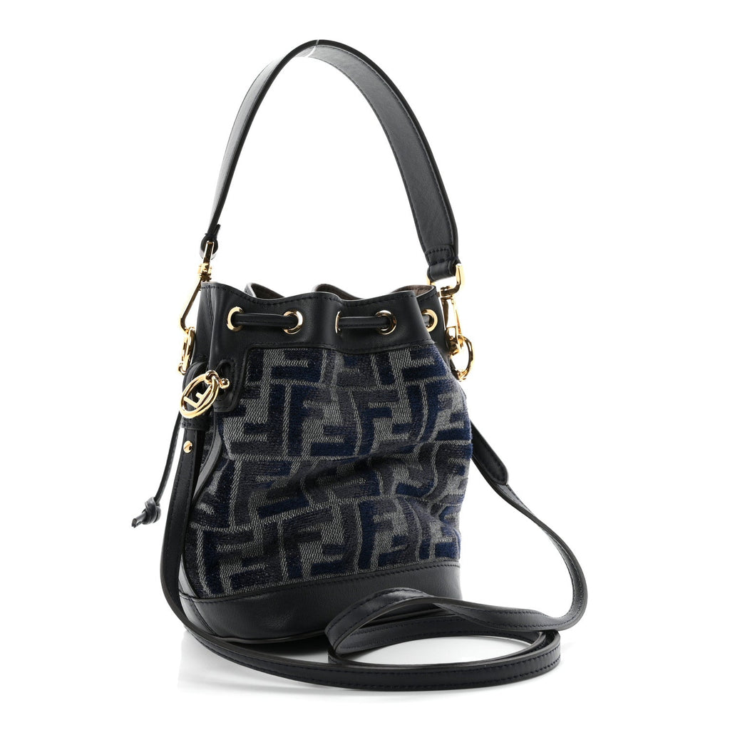 Chenille Vitello Grace FF Mini Mon Tresor Bucket Bag Grigio Blue Notte
