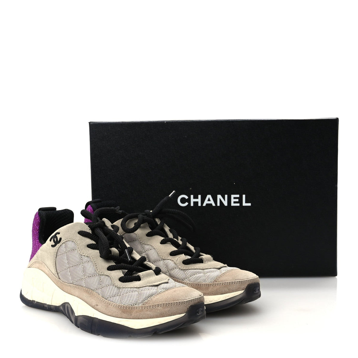 Mesh Suede Calfskin CC Sneakers 39.5 Light Beige Purple Beige