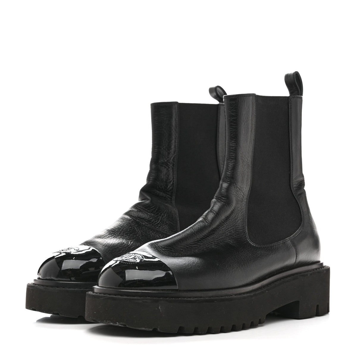 Crumpled Calfskin Patent Cap Toe Short Boots 39.5 Black