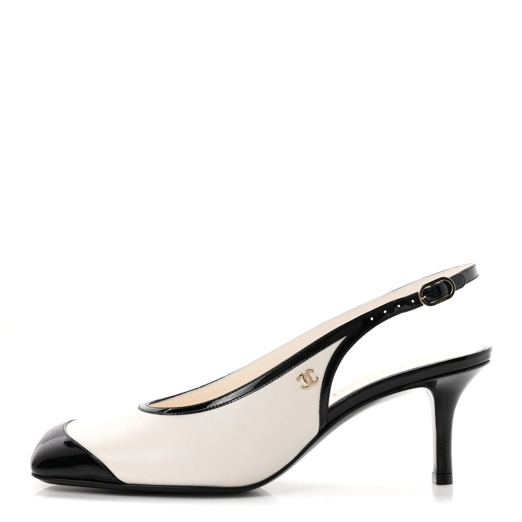 Lambskin Patent Calfskin Cap Toe CC Slingback Pumps 38 White Black