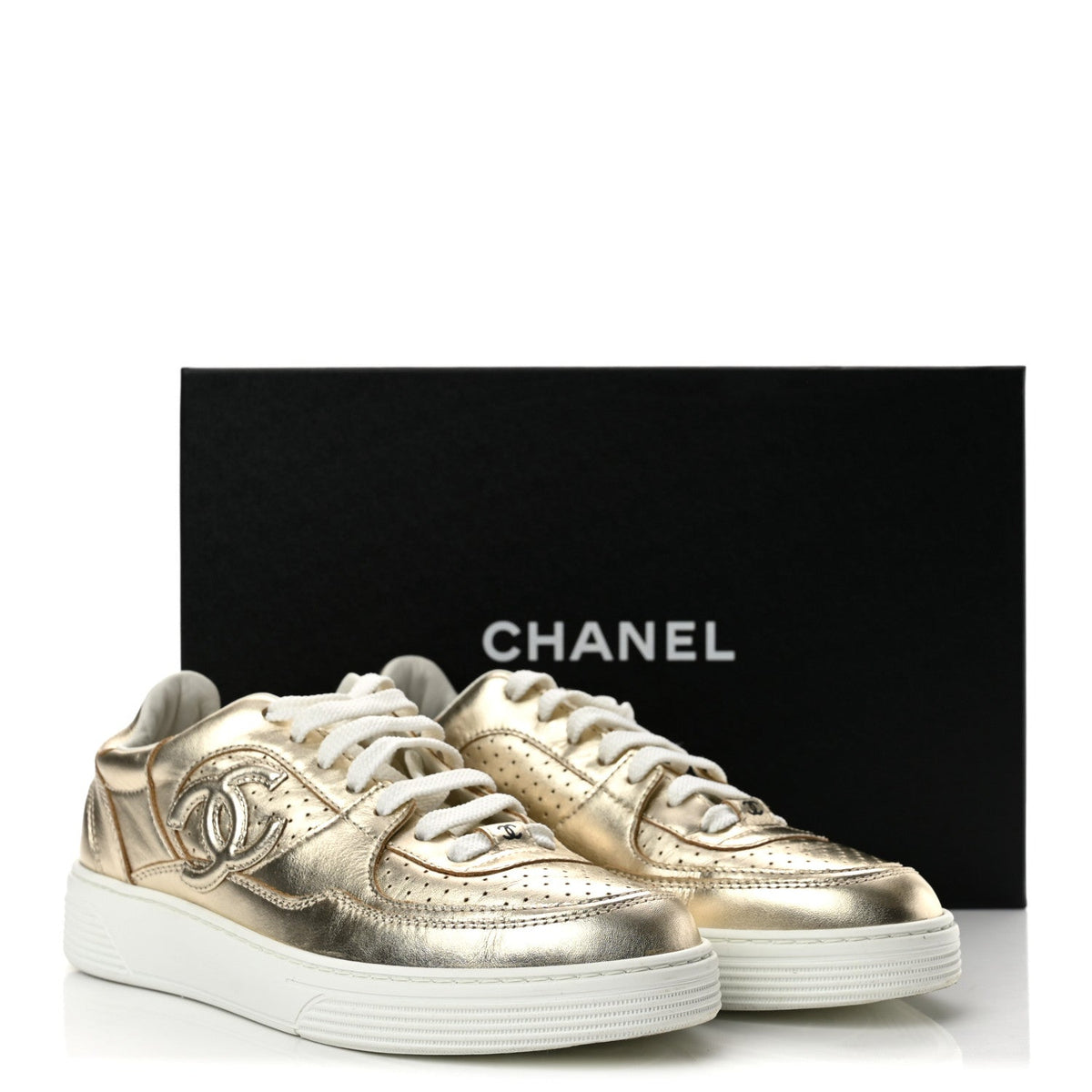 Laminated Calfskin CC Womens Sneakers 38 Golden