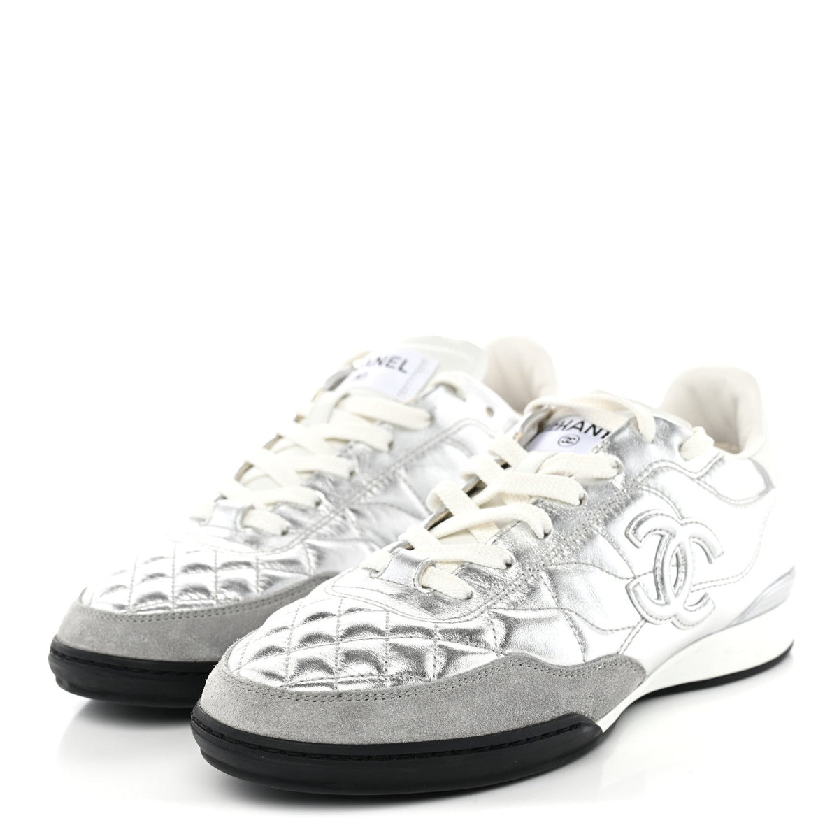 Laminated Calfskin Suede Quilted Womens CC Sneakers 37.5 Silver White Gray