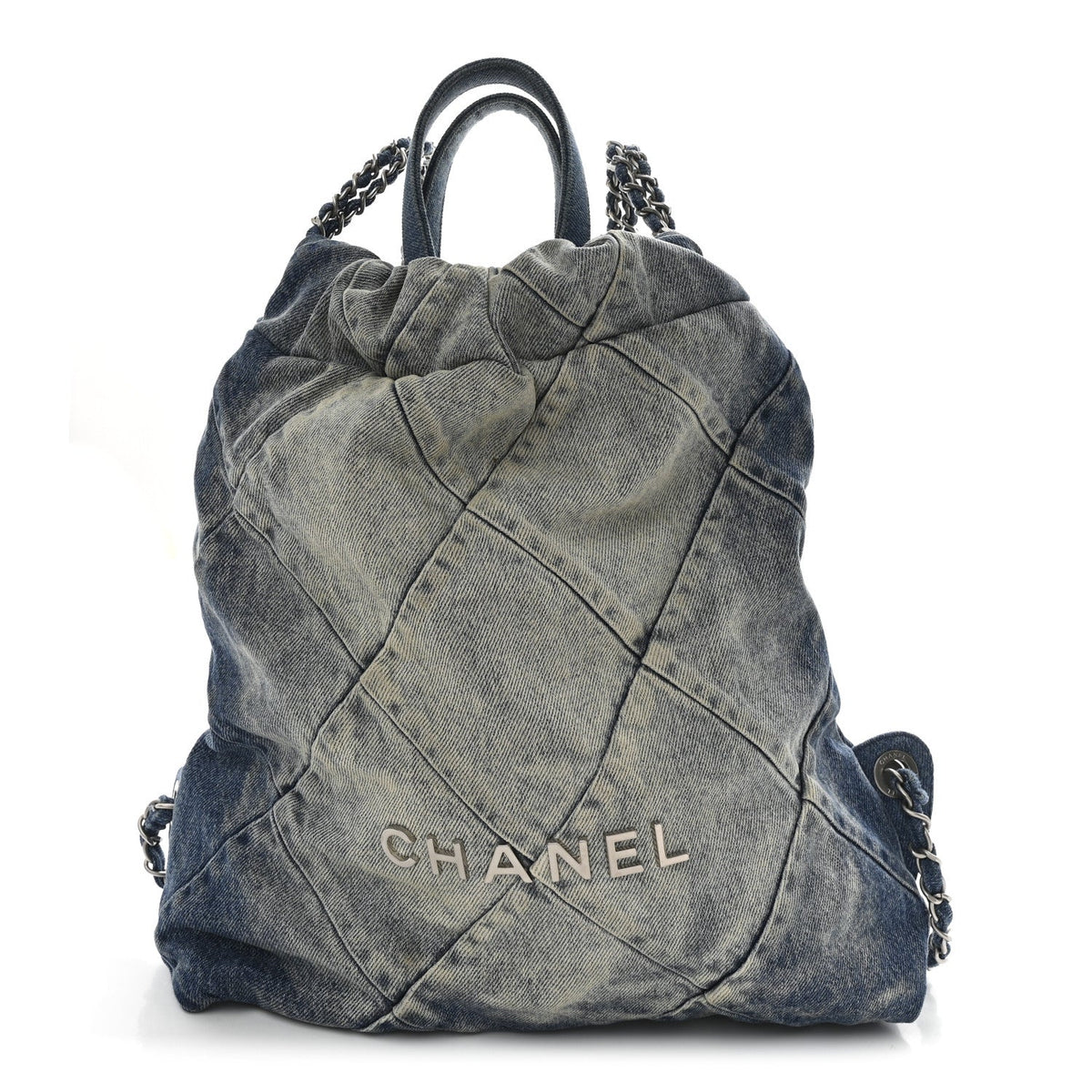 Denim Quilted Chanel 22 Backpack Blue