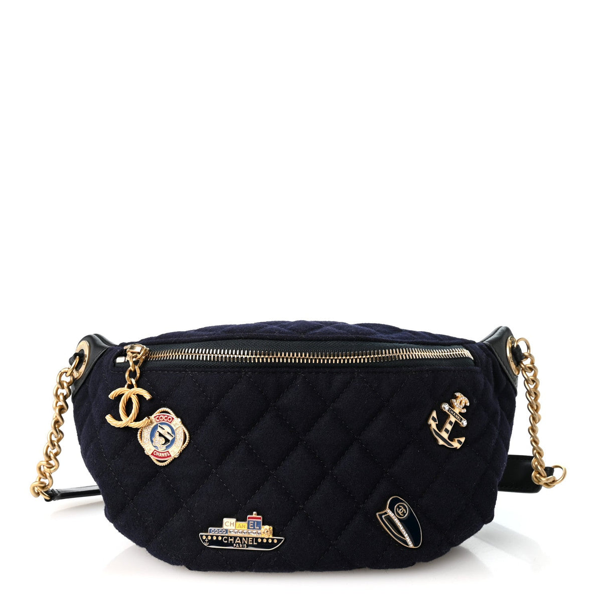 Wool Lambskin Quilted Paris Hamburg Charms Waist Bag Dark Navy