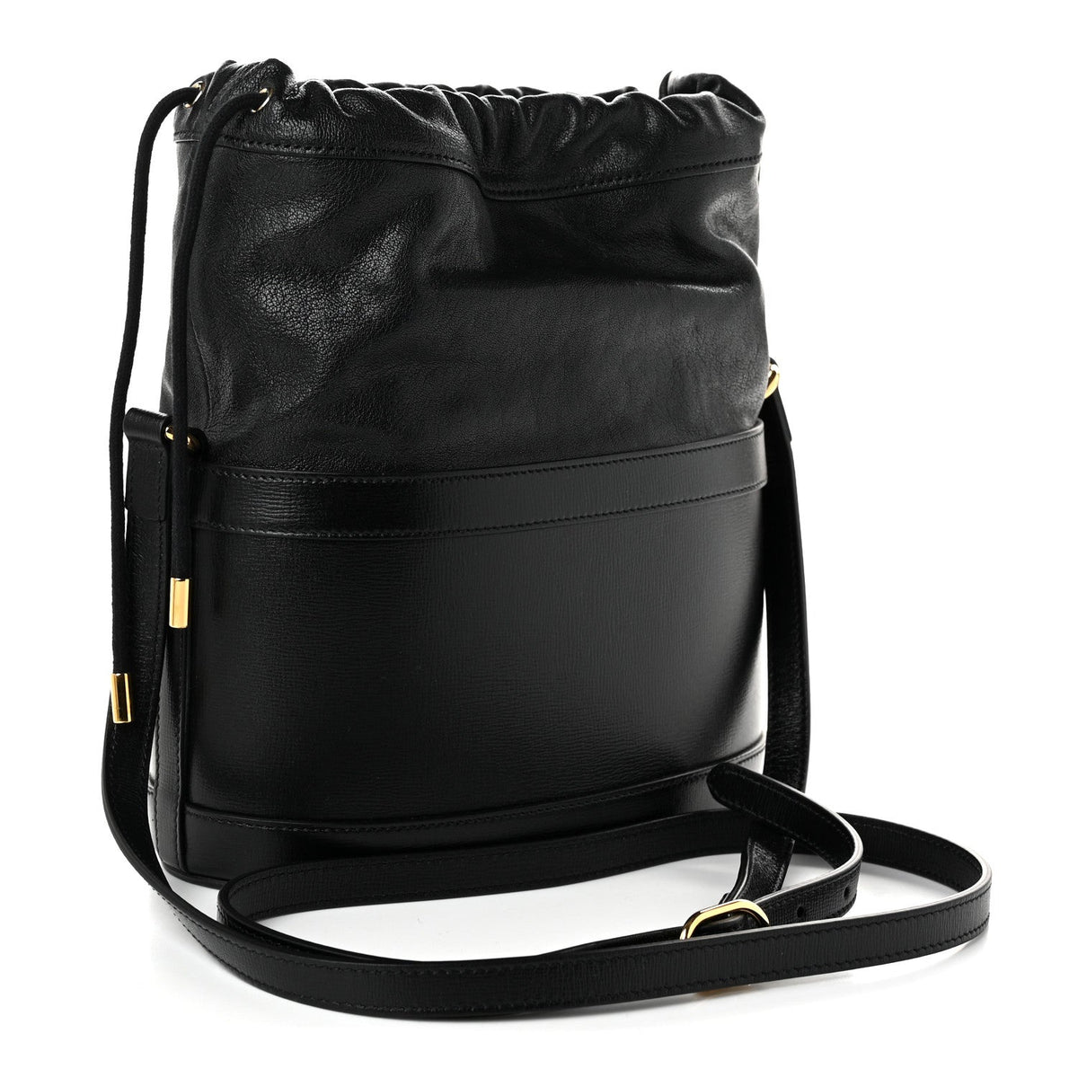 Azalea Sakai Calfskin Horsebit 1955 Drawstring Bucket Bag Black