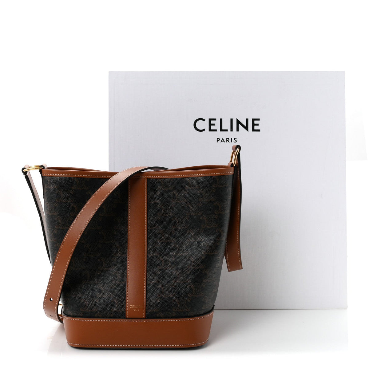 Triomphe Canvas Calfskin Small Bucket Bag Tan