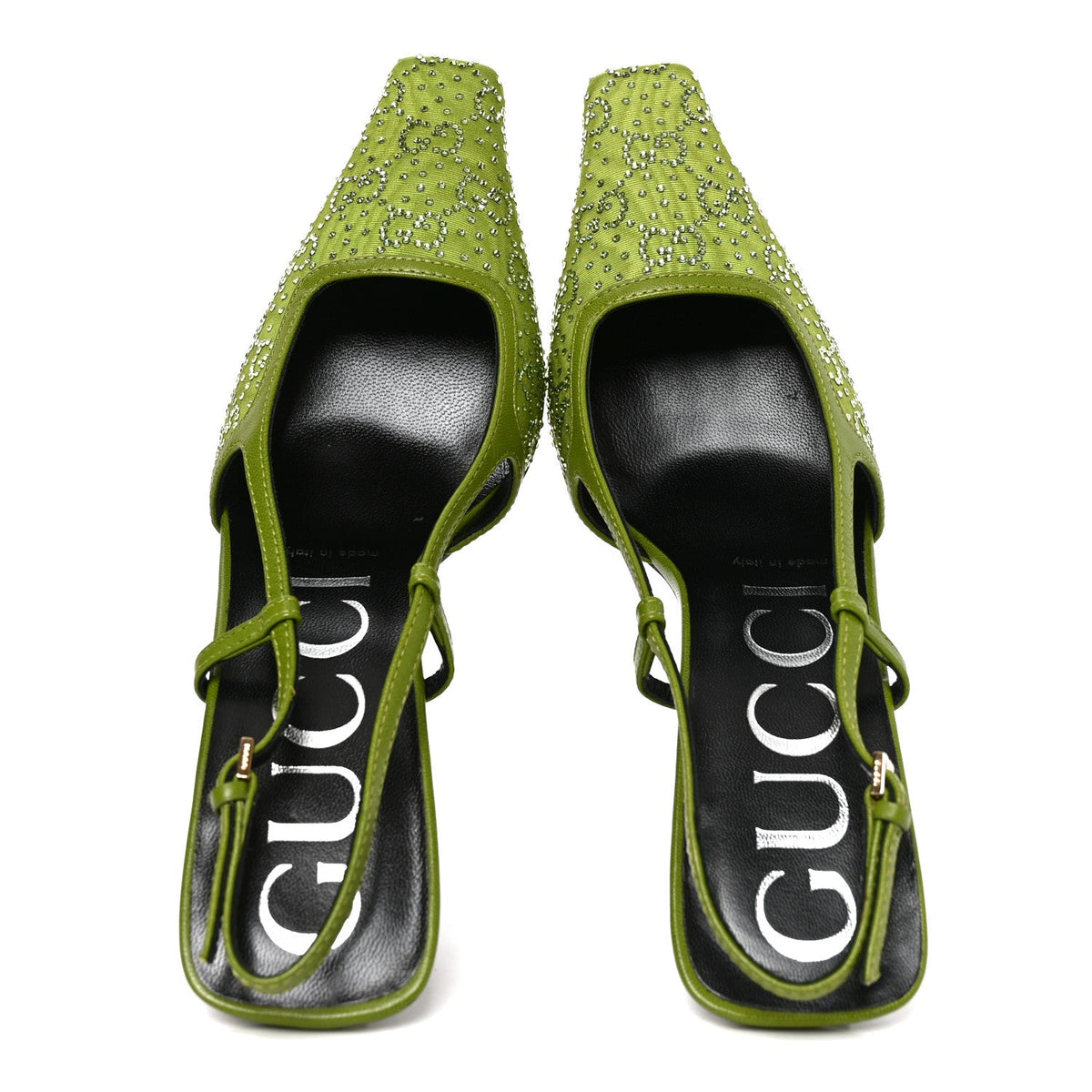 Moire Fabric Malaga Kid Crystal GG Monogram Square G 75mm Slingback Pumps 37 Lemon Leaf