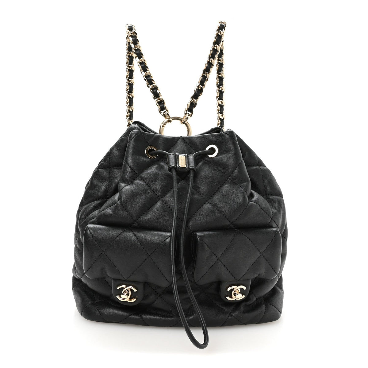 Calfskin Quilted Double Pocket Drawstring Backpack Black