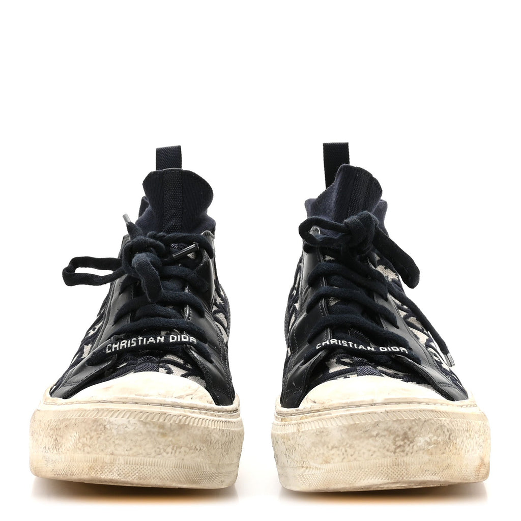 Technical Knit Calfskin Oblique Womens Walk'n Dior Mid Top Sneakers 35 Deep Blue