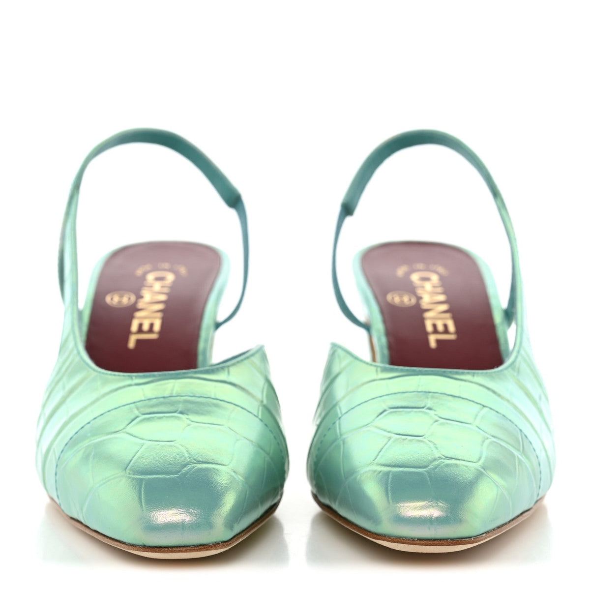 Iridescent Embossed Patent CC Cap Toe CC Slingback Pumps 37.5 Turquoise