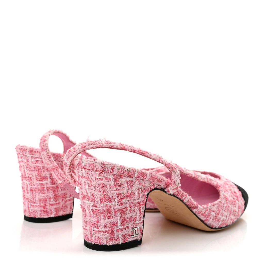Tweed Grosgrain Cap Toe CC Slingback Pumps 40 Pink Black