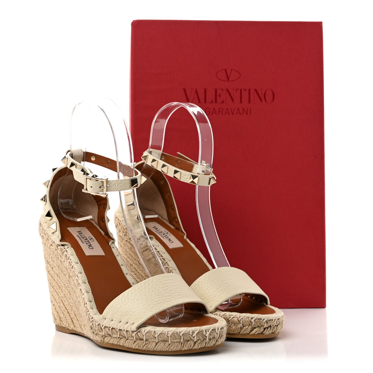 Grained Calfskin Rockstud Ankle Strap Espadrille 15/105mm Wedge Sandals 35 Light Ivory Natural