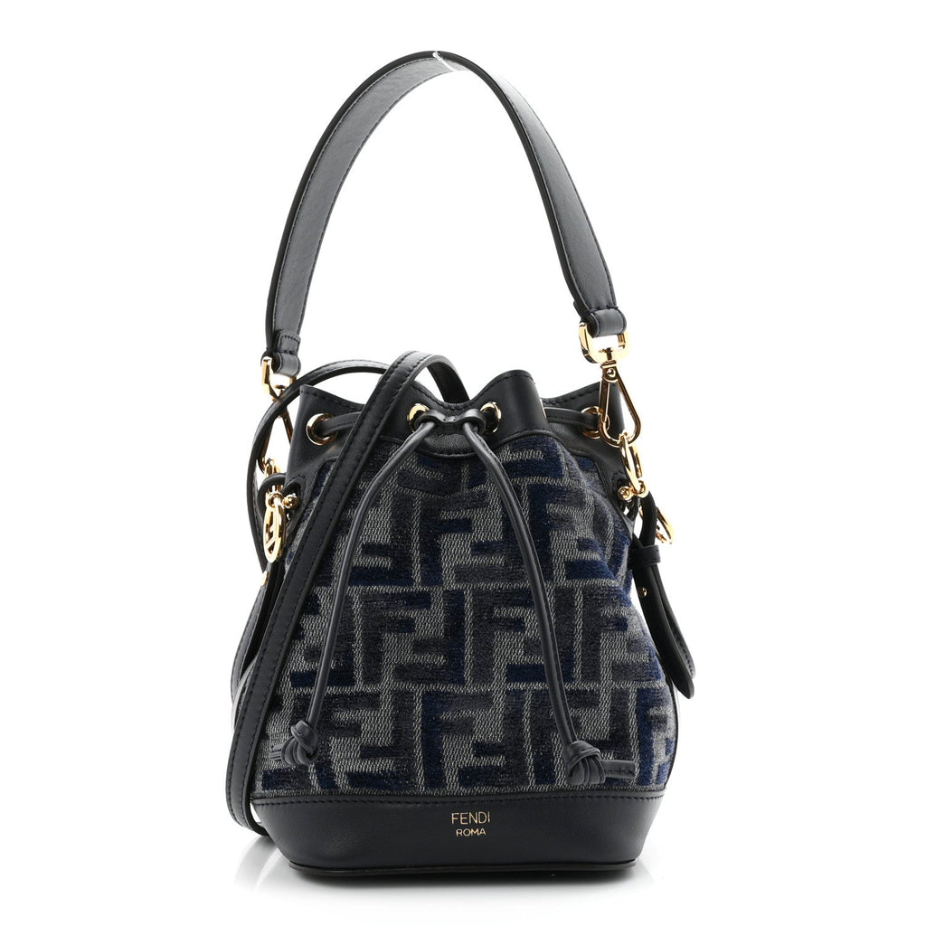 Chenille Vitello Grace FF Mini Mon Tresor Bucket Bag Grigio Blue Notte