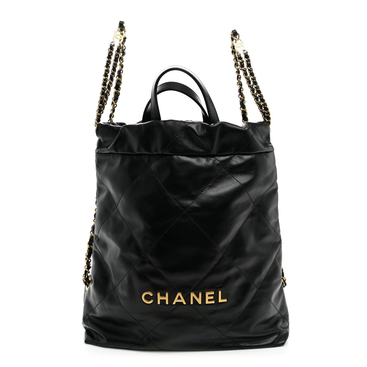 Shiny Calfskin Quilted Chanel 22 Backpack Black