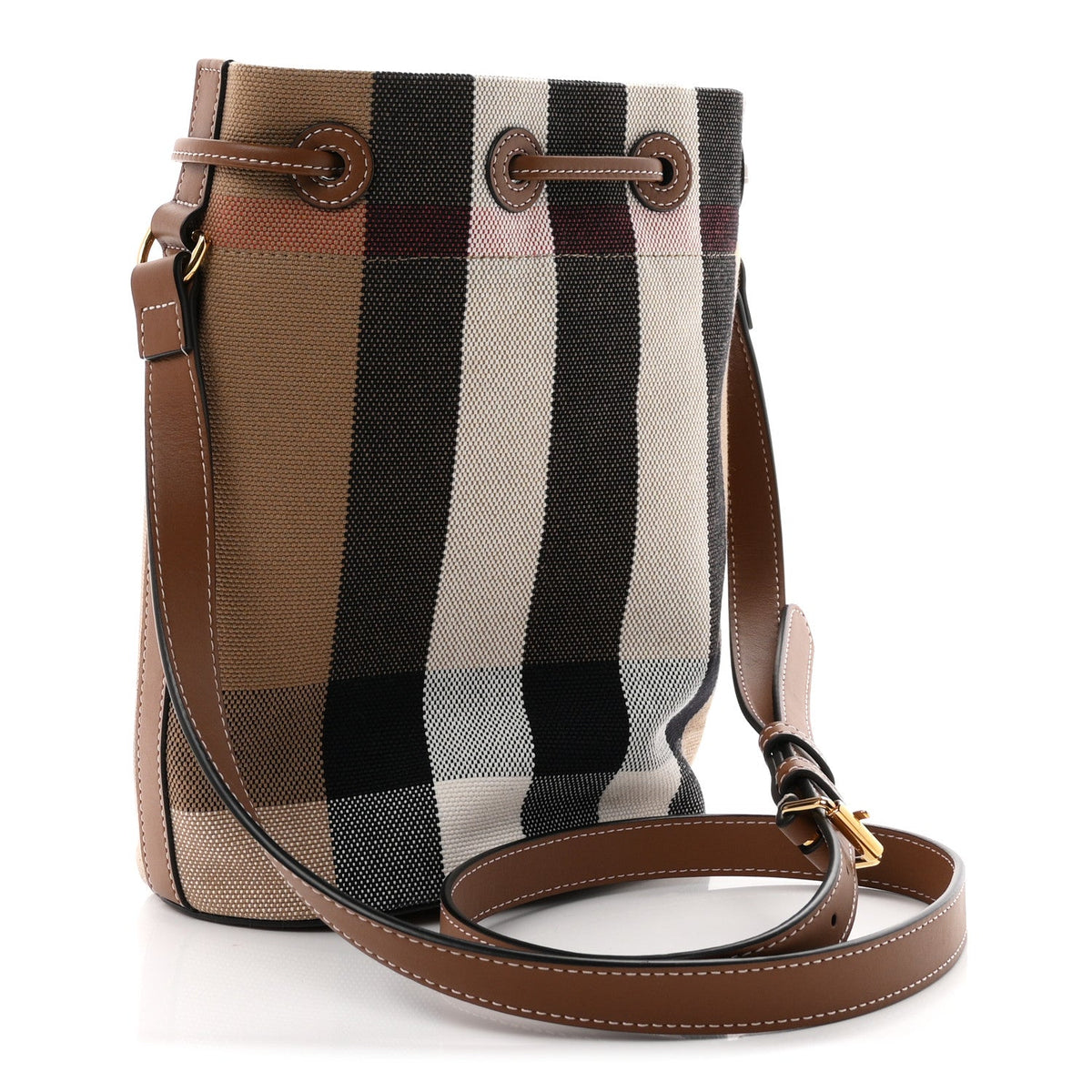 Giant Check Canvas Small Bucket Bag Taupe Brown