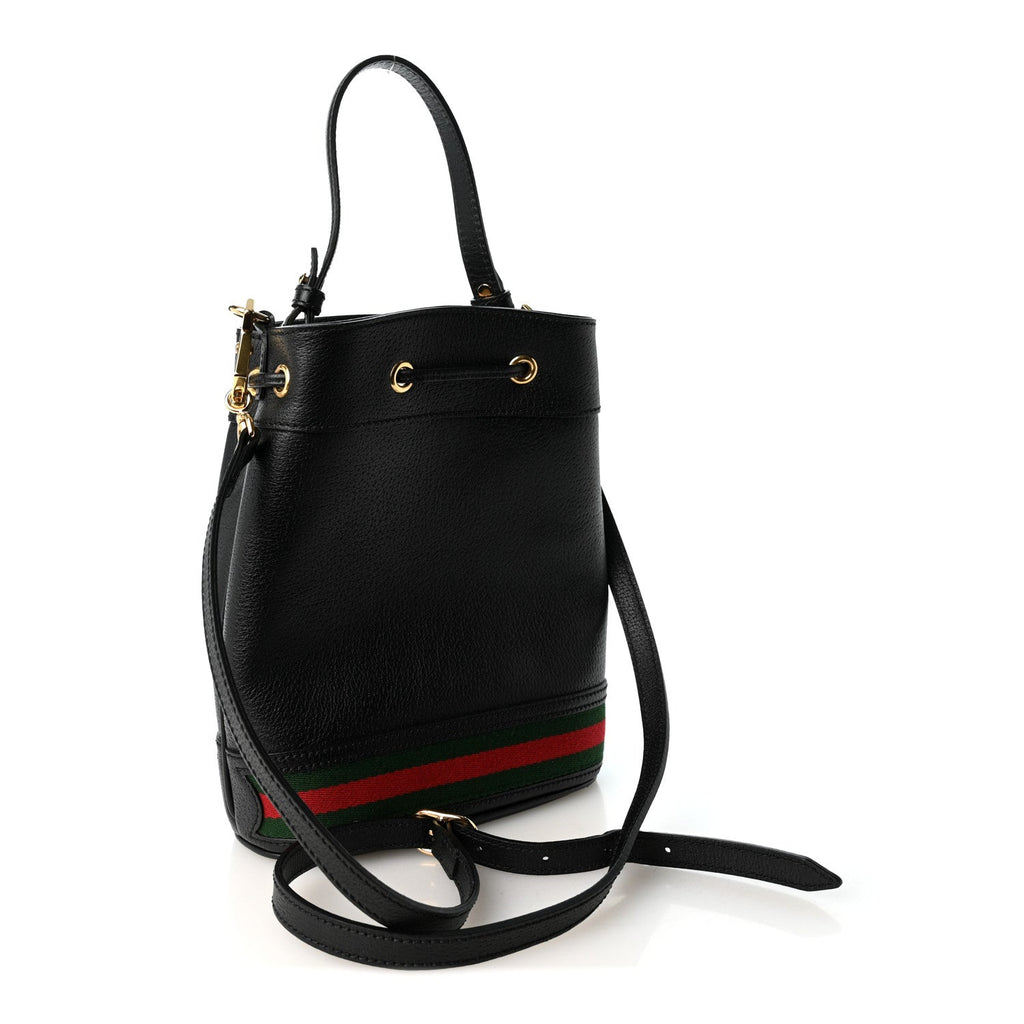 Glazed Textured Calfskin Web Small Ophidia Bucket Bag Black