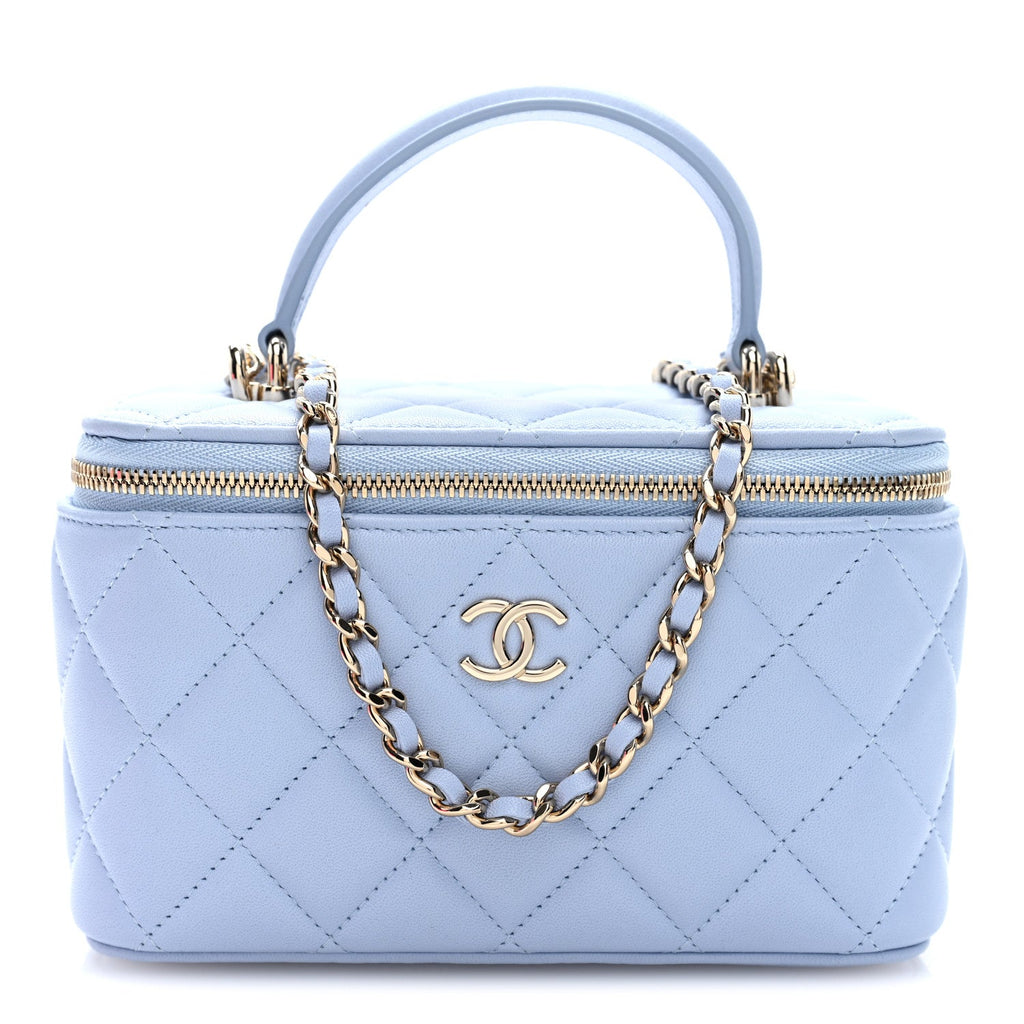 Lambskin Quilted Small Top Handle Vanity Case With Chain Light Blue