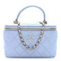 Lambskin Quilted Small Top Handle Vanity Case With Chain Light Blue