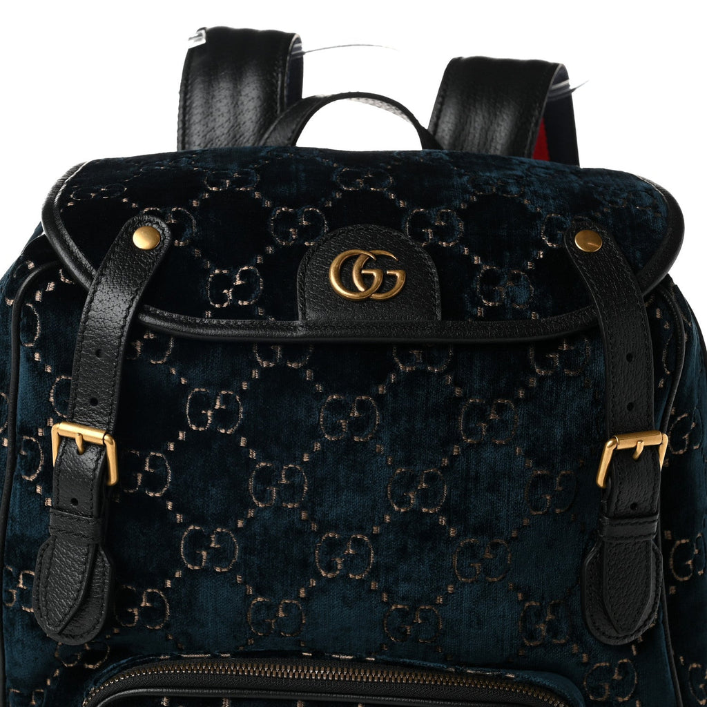 Velvet GG Monogram Textured Calfskin Web Small Double Buckle Backpack Blue Beige Black