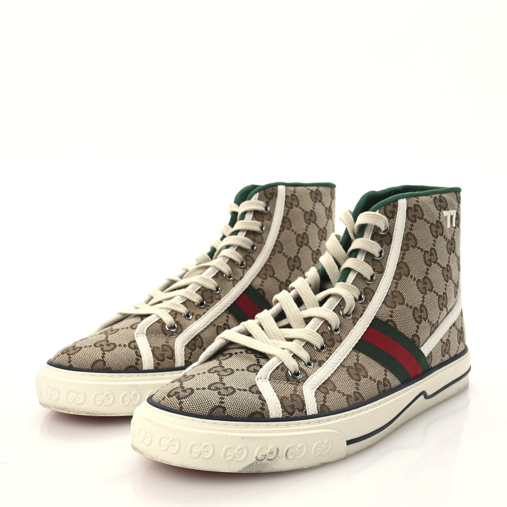 GG Monogram Web Mens 1977 Tennis High Top Sneakers 9 Beige Ebony Mystic White
