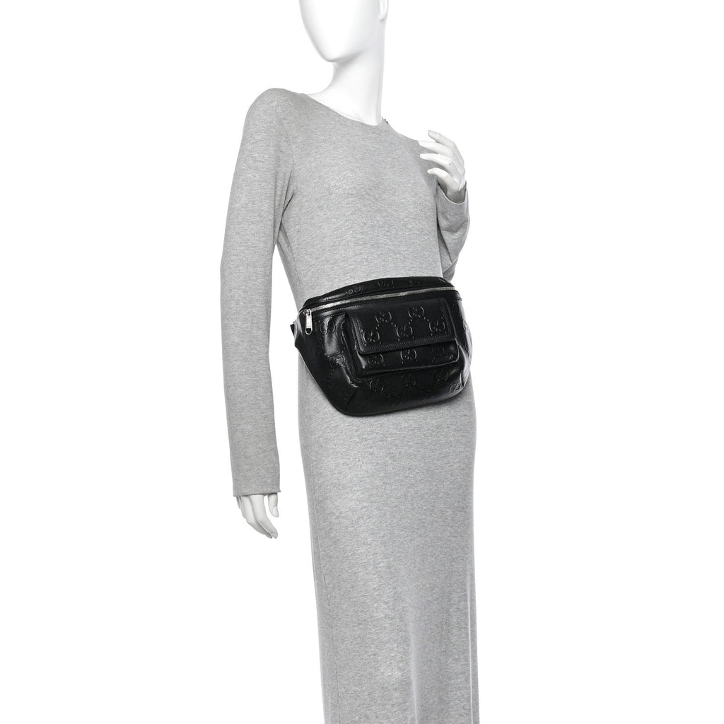 Calfskin GG Tennis Embossed Pocket Belt Bag Black