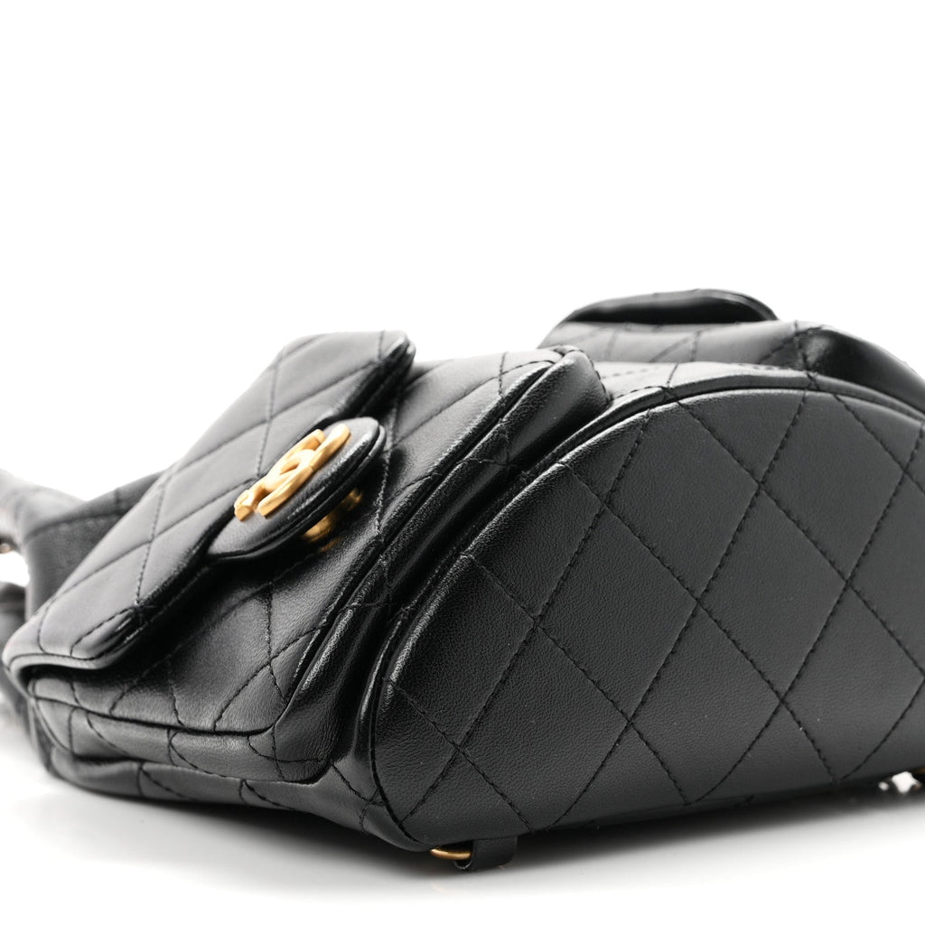 Shiny Lambskin Quilted Double Pocket Backpack Black
