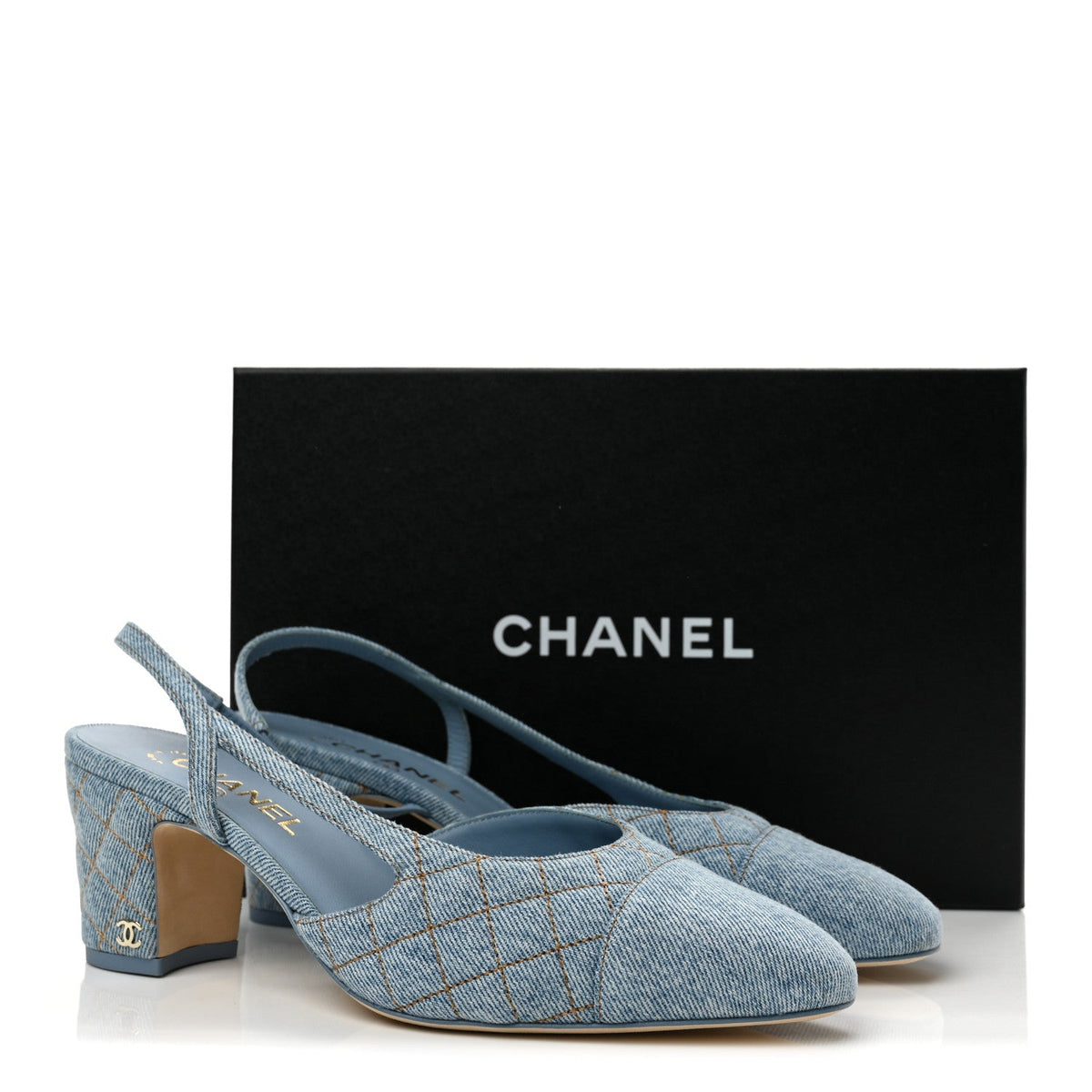 Denim Quilted Cap Toe Slingback Pumps 40 Light Blue