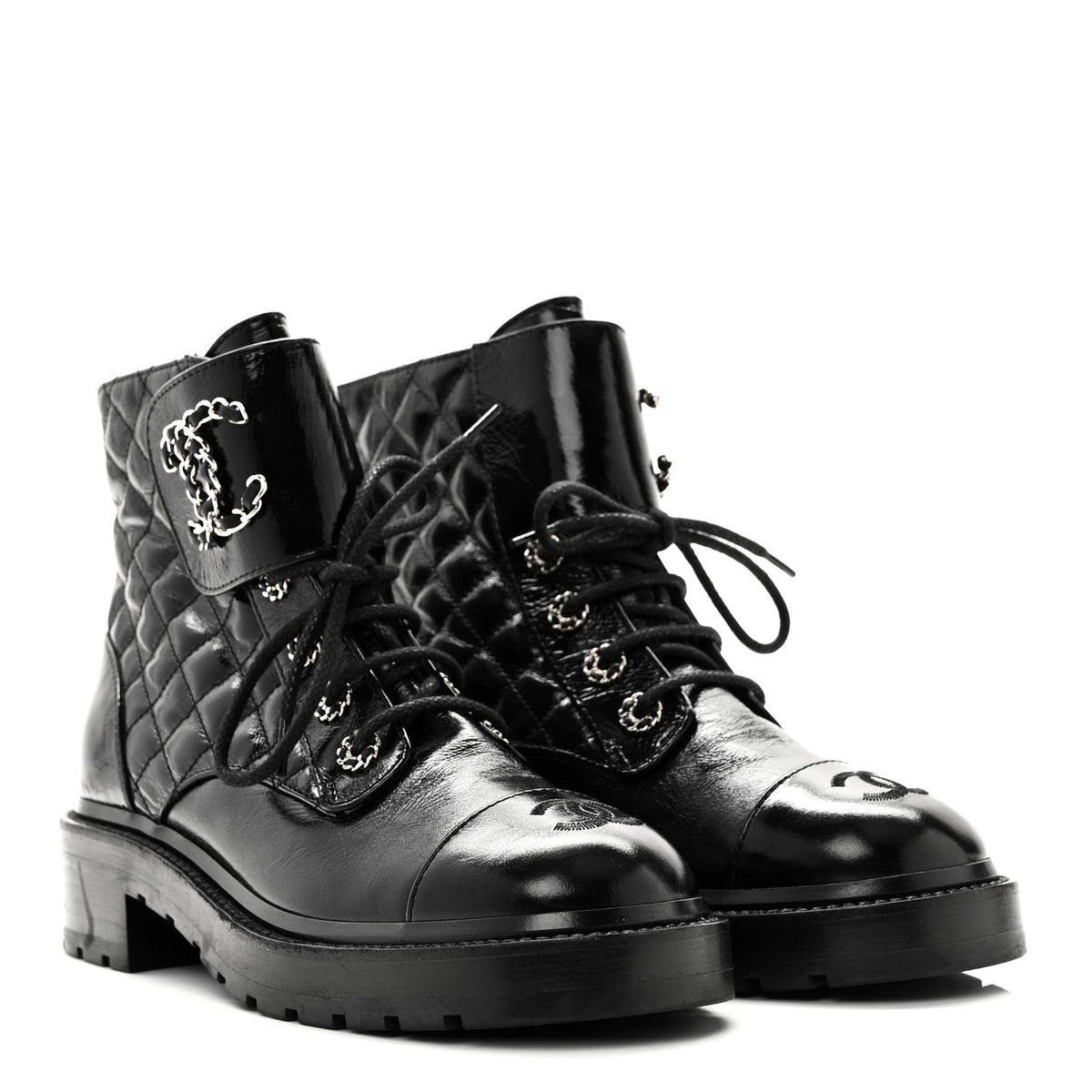 Shiny Lambskin Quilted Lace Up Combat Boots 38.5 Black