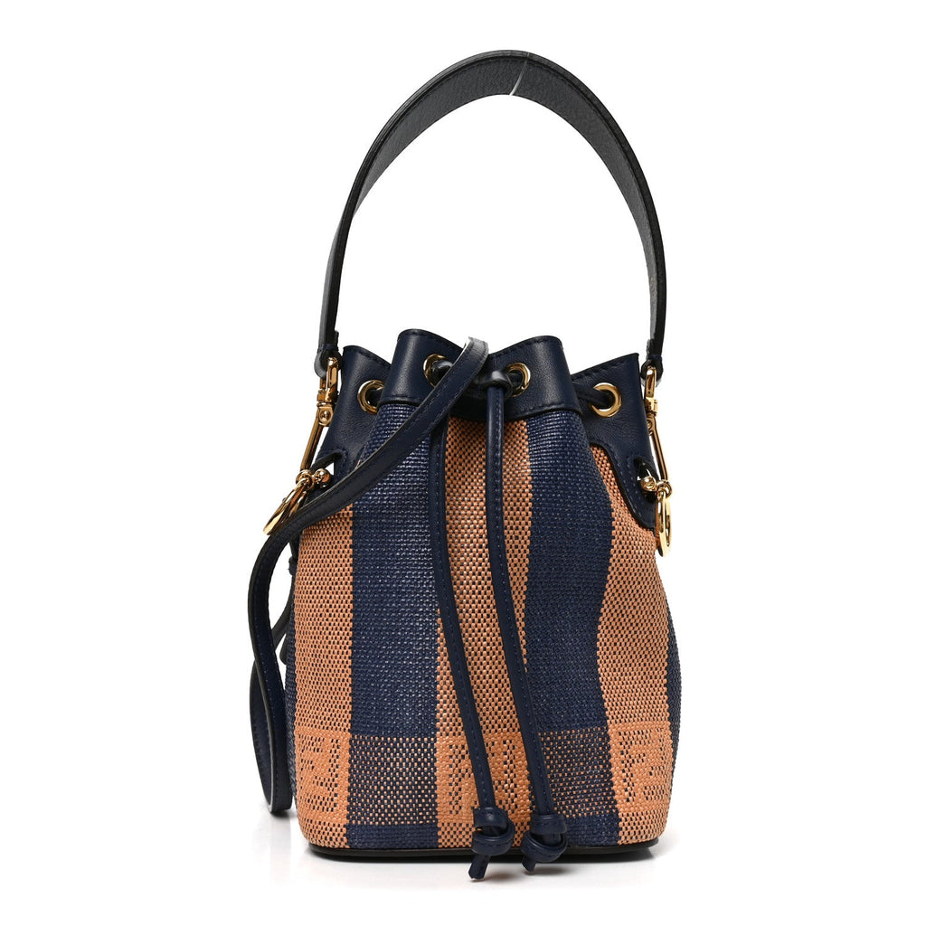 Raffia Vitello Seta F is Fendi Pequin Gingham Woven Mini Mon Tresor Bucket Bag Blue Ruggine