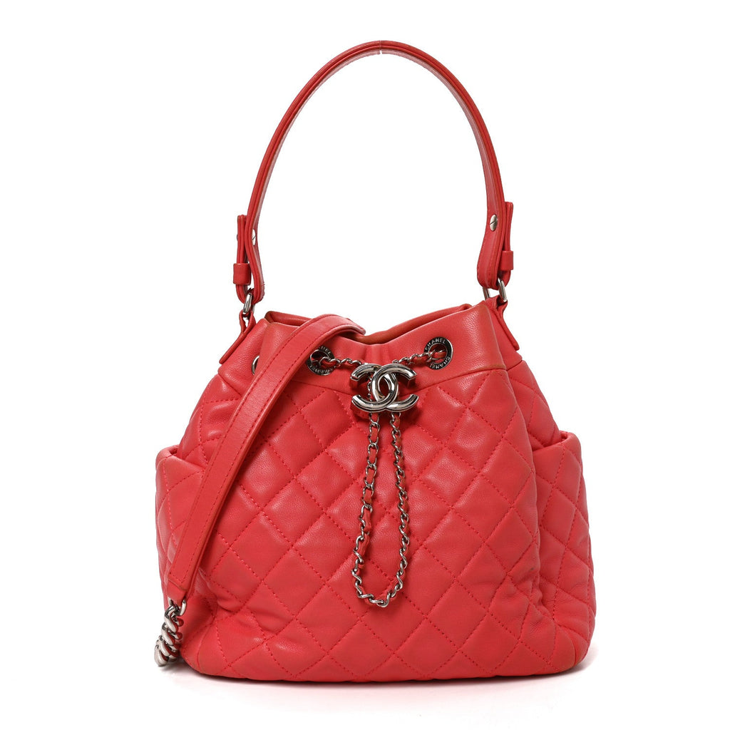Lambskin Quilted Small CC Chain Drawstring Bucket Bag Red