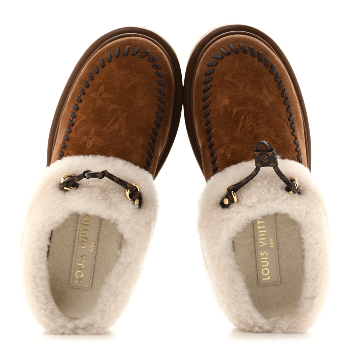 Suede Calfskin Shearling Monogram Debossed Cortina Closed Mule 39 Light Beige