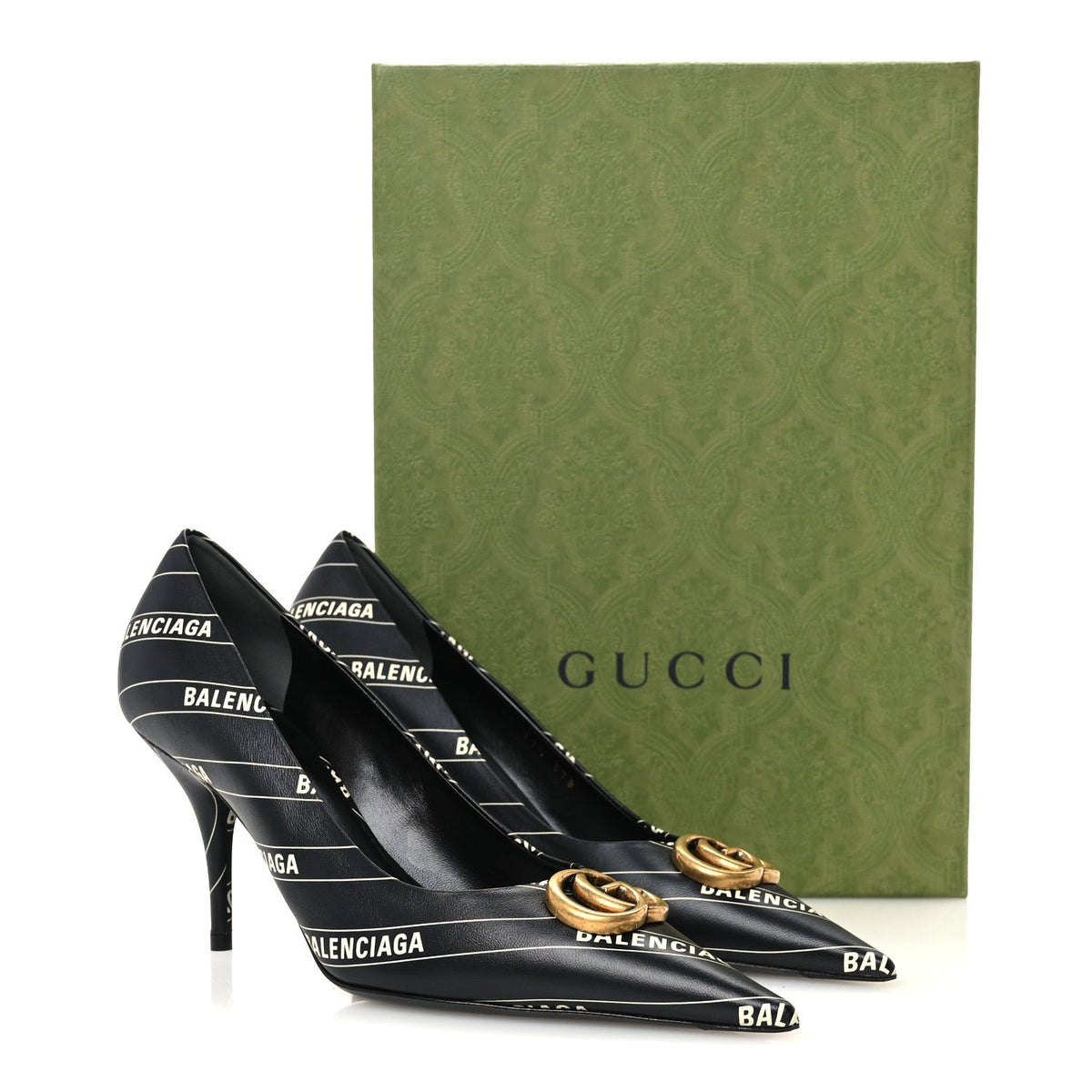 X Gucci Calfskin Logo Print Knife 80mm Pumps 37.5 Black
