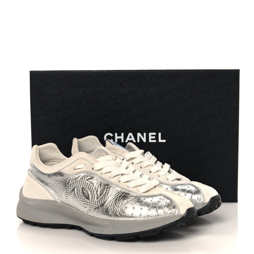 Laminated Calfskin Suede CC Sneakers 39.5 Silver Light Grey