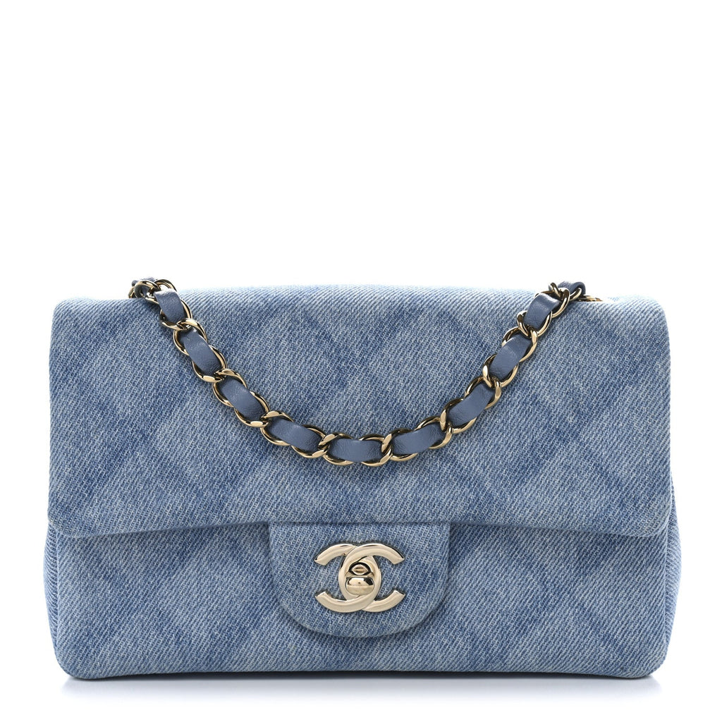 Printed Denim Quilted Mini Rectangular Flap Light Blue