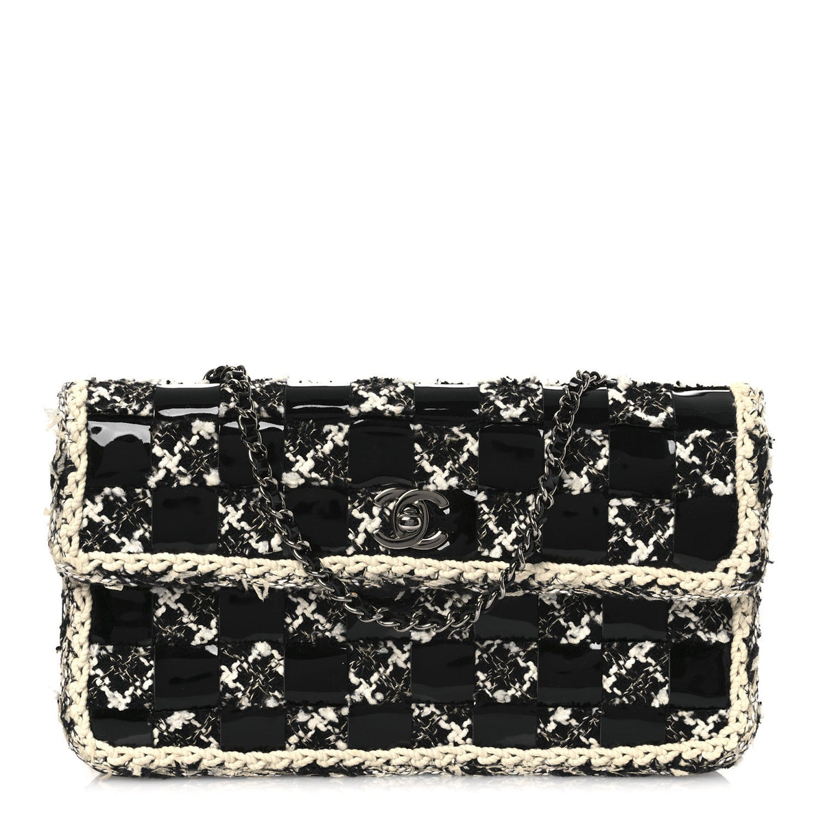 Tweed Patent Quilted Rectangular Flap Black White