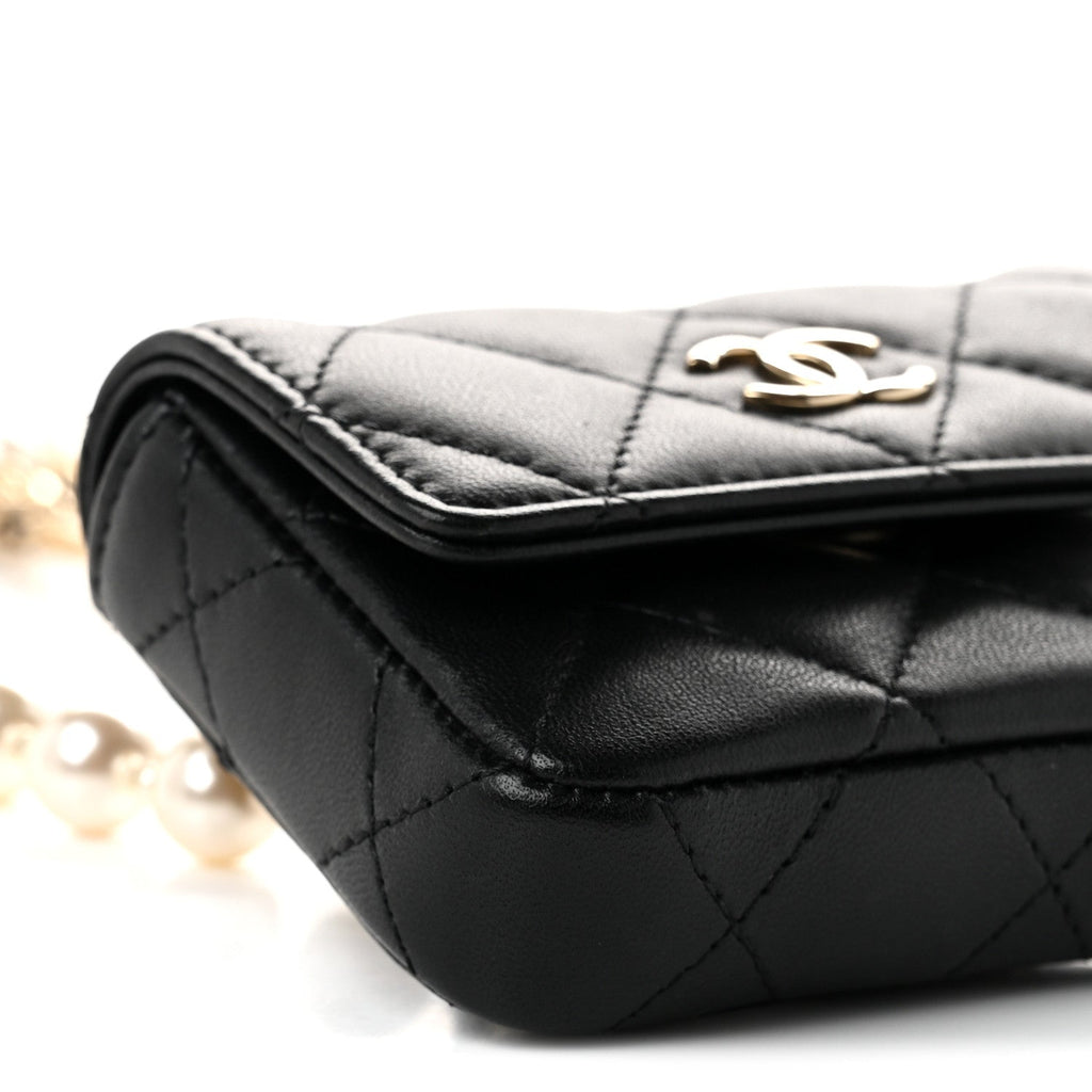 Lambskin Quilted Pearl Chain Belt Bag Black